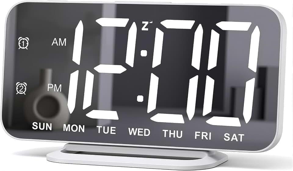 Slim LED Digital Alarm Clock, Mirror Surface for Makeup, with Diming, Large Display, Easy Setting, USB Charger Ports, Modern Bedroom, Desk, Office Living Room Decor, Christmas Birthday for Women Girl