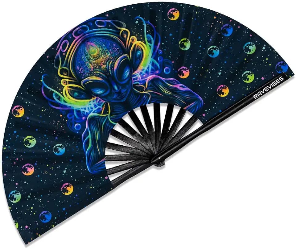 Ravevibes 13" Large Rave Fan Folding Hand Fan, Bamboo Festival Clack Fan Foldable UV Glow Edm Fans For Rave Outfits Accessories Performance Dance Party For Men Women, Alien