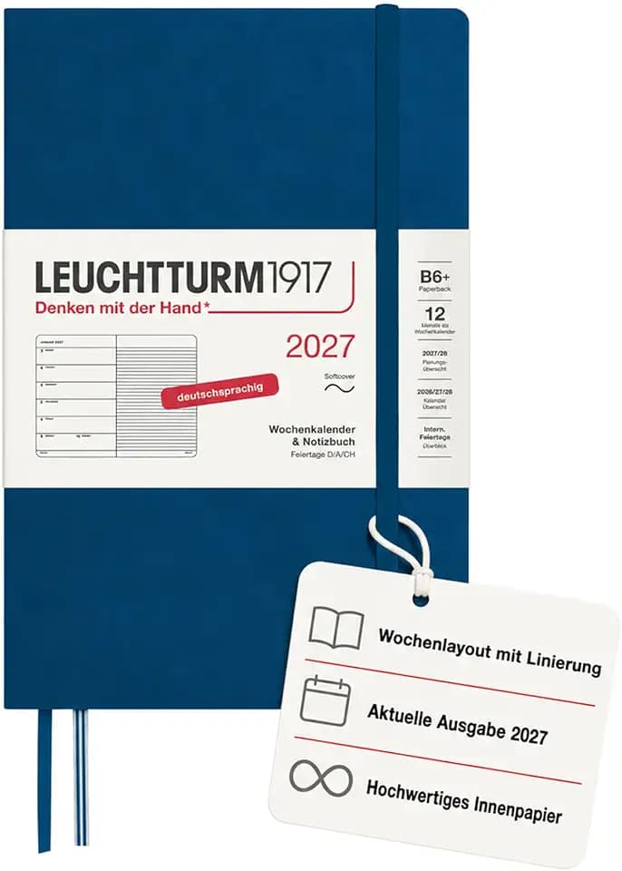 LEUCHTTURM1917 Wochenkalender 2027 Paperback (B6+) mit Notizbuch - Terminplaner Deutsch, Indigo, Softcover, Januar-Dezember 2027, Wochenübersicht links + Notizseite rechts