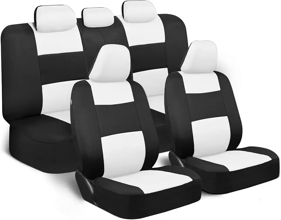 BDK PolyPro Car Seat Covers Full Set in White on Black, Front and Rear Split Bench Seat Covers for Cars, Easy to Install Car Seats Cover Set and Accessories for Auto Trucks Van SUV - White