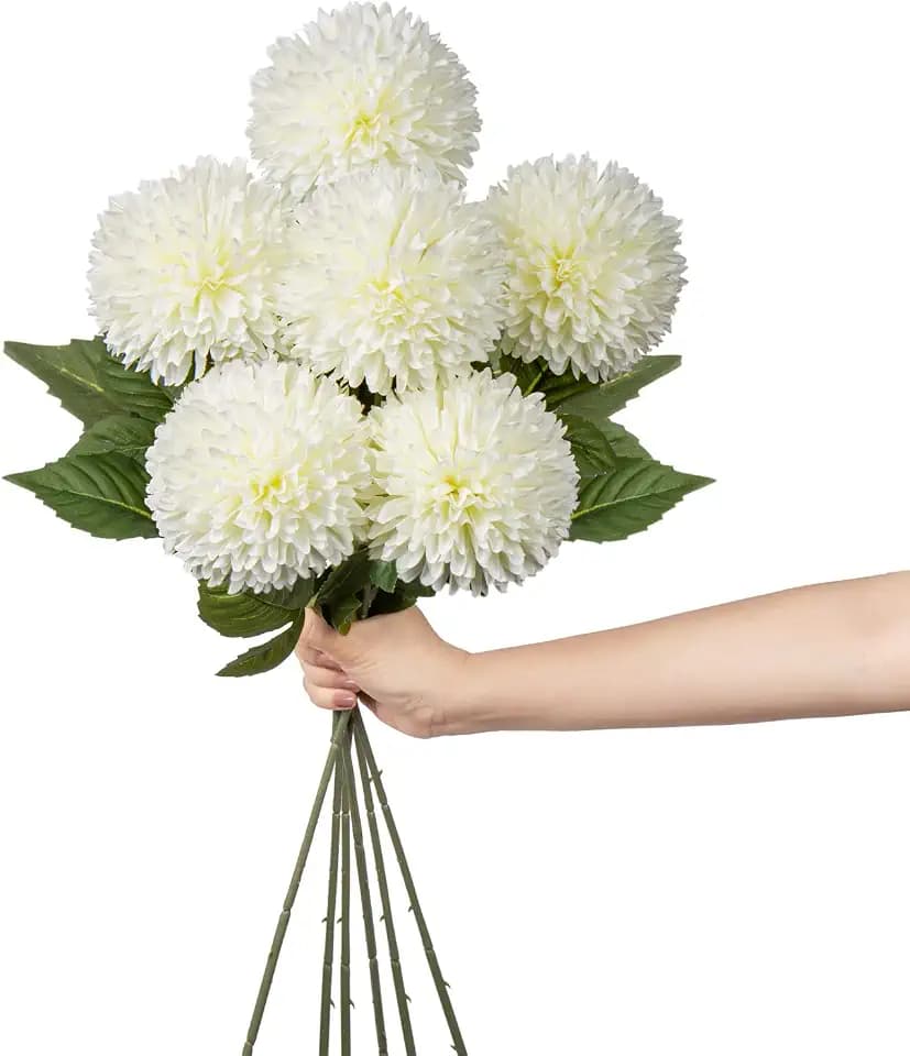 Hollyone 10cm Groß Kunstblume Chrysanthemen mit 63cm Langer Stiel, 6 PCS Weiß Künstliche Hortensie Blumen, Kunststoffblume Hortensie für Hochzeits, Heimdeko, Büro, Garten Party Deko, Blumenarrangement