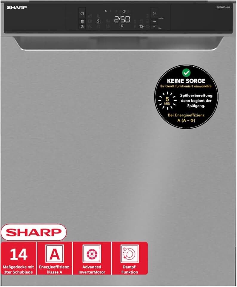 Sharp QW-NA3YU42AI-DE Geschirrspüler Unterbau 60 cm, 14 Maßgedecke, A, 42 dB, Turbo-Trocknung, QuickWash 14’, SteamWash, AutoDoor, EcoBox, Edelstahl