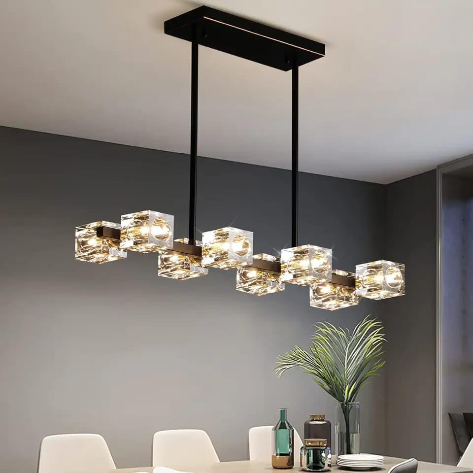 Modern Crystal Chandeliers for Dining Room,8 Light Black and Gold Linear Dining Room Light Fixture Adjustable Height Hanging Ceiling Light for Kitchen Island Over Table Living Room