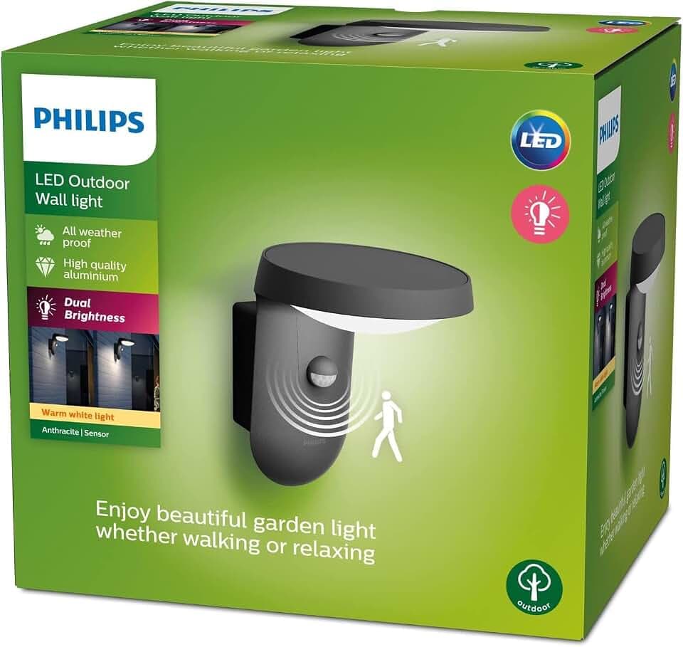 Philips Tyla Wandleuchten für den Außenbereich, 9 W, 2700 K warmweiß, Bewegungssensor, wasserdicht, anthrazit, IP44 wetterfest