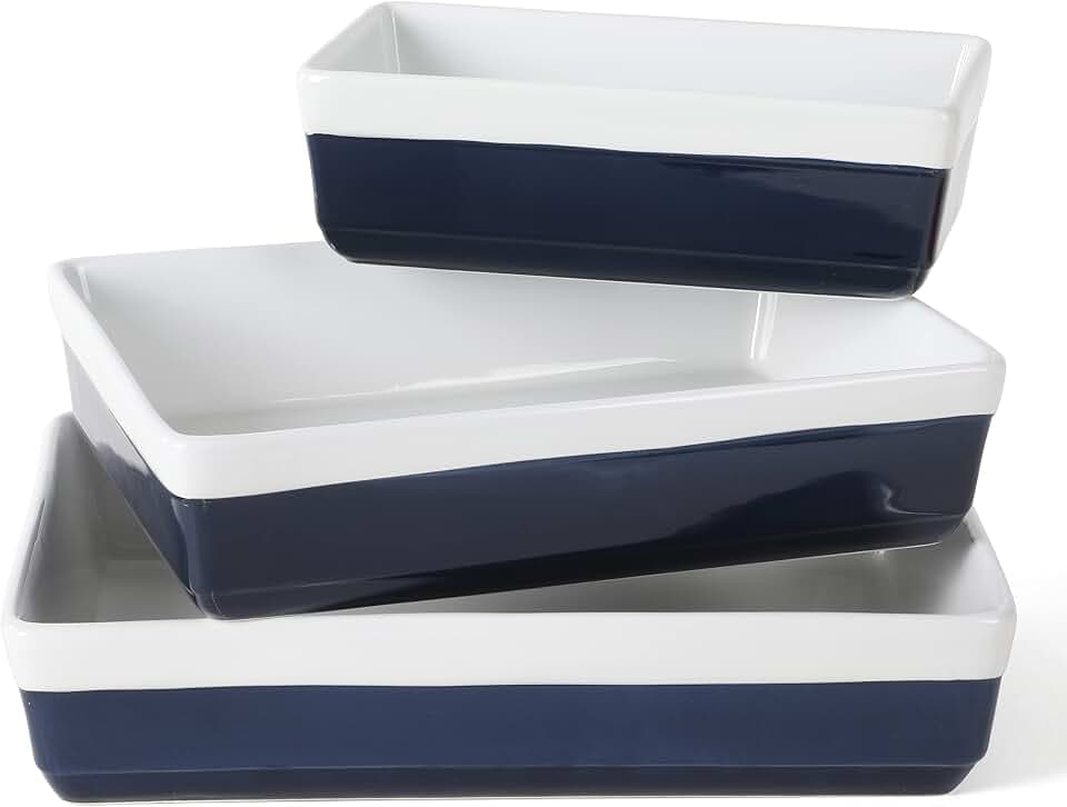 MARTHA STEWART 3-Piece Oven to Table Stoneware Bakeware Set – Baking Dish & Casserole Set – Cobalt Blue – Durable Oven-Safe Bakeware for Baking and Serving