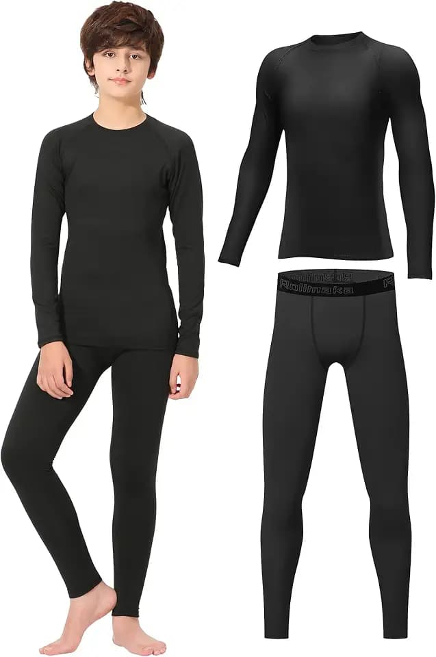 Rolimaka Jungen Kinder Thermal Underwear Set Fleecegefütterte Baselayer (Oberteil & Hose) Thermalset für Ski und Fussball Black XL