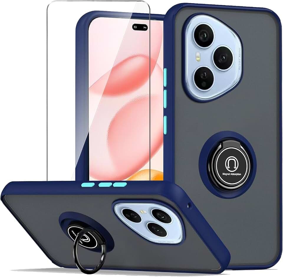 Hülle für Honor 400 Pro (6.7") + 1 x Gehärteter Film Schutzfolie - HandyHülle Mit 360 Grad Ring Ständer Stoßfeste Schutzhülle [ Dual Layer PC + TPU ] Tasche Case-Königsblau