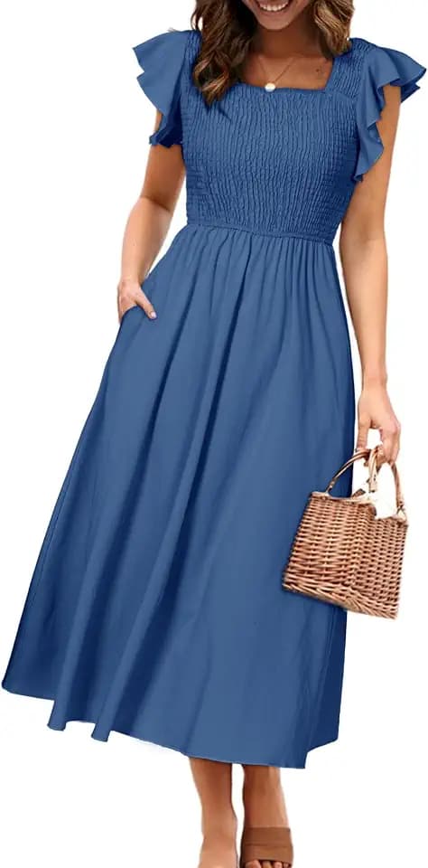 Miessial Womens Summer Smocked Midi Dress Casual Flutter Sleeve Long Boho Flowy A Line Church Modest Dresses with Pockets
