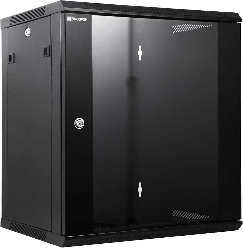 RackPath 12U Wall Mount Network Rack Cabinet – Quiet Cooling Fan, Locking Glass Door, 17.7" Deep (450mm), Removable Locking Side Panels, Fits 19" IT & A/V Equipment