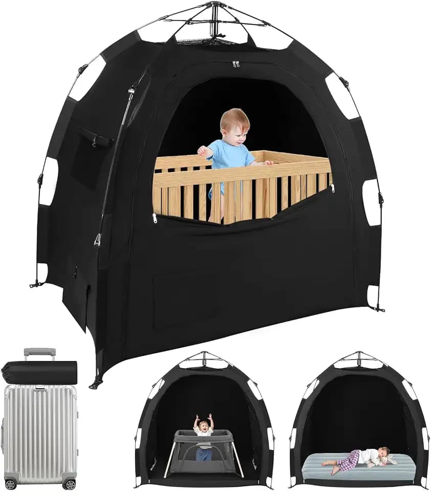 Blackout Tent for Pack N Play: Portable Baby Sleep Pod with 1-Click Setup, Mini Crib Cover, Built-in Monitor and Fan Pouches, Blocks 95% of Light, Travel Crib Canopy
