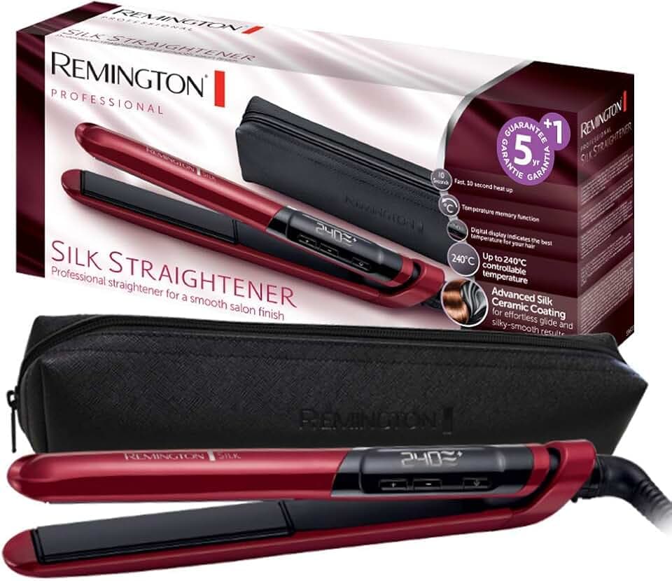 Remington Glätteisen Silk (Doppelschicht-Keramikbeschichtung mit Seidenproteinen für samtig glatte & glänzende Haare) LCD-Display, 150-235°C, für max. 30 Sek 240°C, Haarglätter S9600