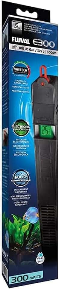 Fluval E300 Elektronischer Heizer, 300W Regelheizer für Aquarien bis 380L, VueTech® Mikroprozessor mit LCD-Temperaturanzeige & Farbalarmsystem, Schwarz