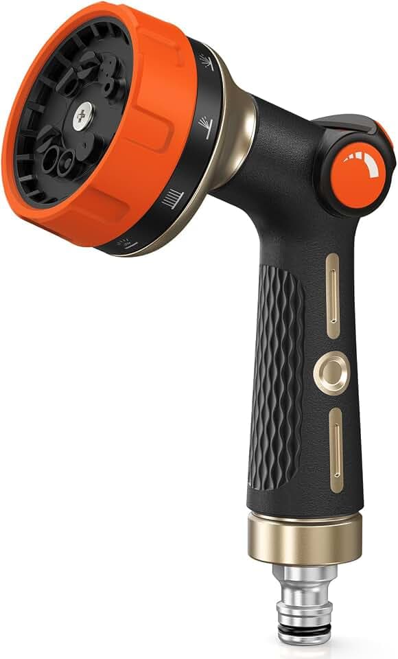 RAINPOINT Gartenbrause, Metall Garten Handbrause mit 10 Bewässerungsmuster, Mühelose Wasserfluss-Regelung, Hochdruck Gartenschlauch Spritze für Bewässerung, Autowaschen, Orange