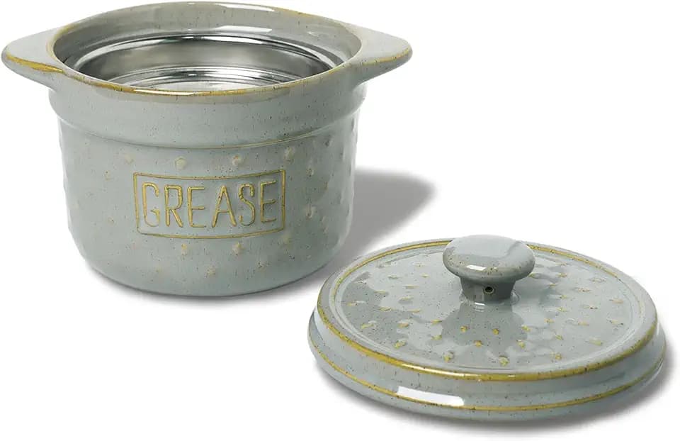 Ceramic Bacon Grease Container with Strainer and Lid 18oz (Vintage Grey)