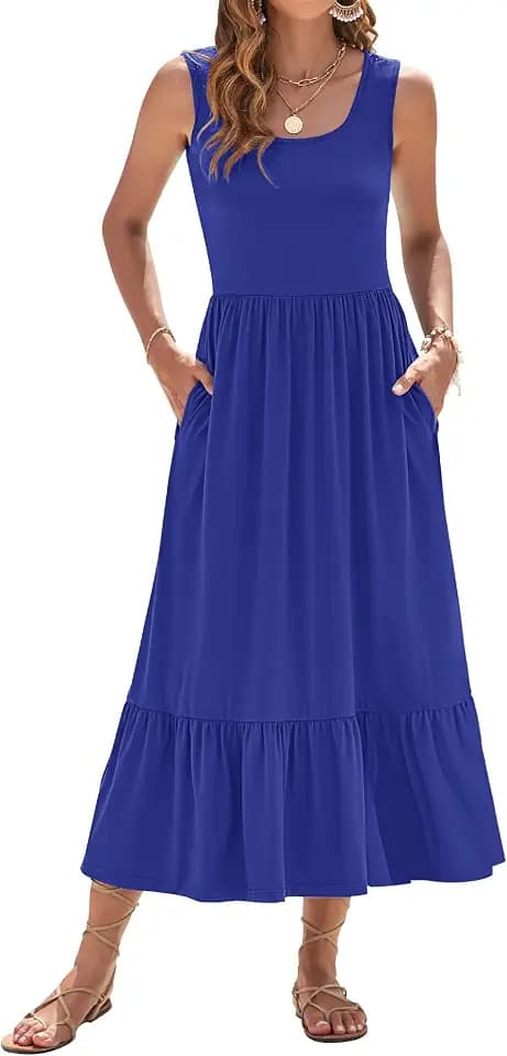 WNEEDU Sommerkleid Damen Lang Ärmellose Maxikleid mit Empire Taille Damen Sommer U-Ausschnitt Luftiges Strandkleider mit Taschen