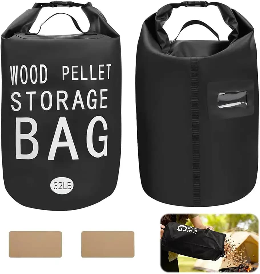 32LB Waterproof Wood Pellet Storage Bag - 500D PVC Charcoal Storage Container with Dual Handles, Label Pocket & Buckle Seal for Grill Smoker BBQ Outdoor Use (2, 32LB-Black)