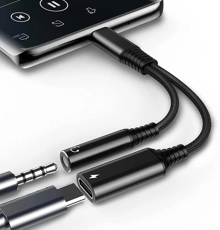 USB-C to 3.5mm Headphone Adapter & Charger: 2 in 1 Type C to 3.5mm Audio Adaptor Aux Cable for Samsung Glaxy A53 A33 S23 S22 S21 S20 Goole Gray