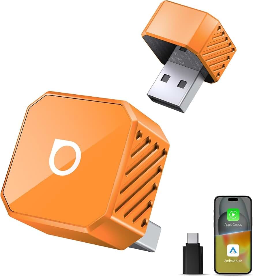 OTTOCAST Mini Pot 2026 Upgraded, 2-in-1 CarPlay & Android Auto Wireless Adapter für iOS 10+/Android 11+, Plug & Play, USB/Typ-C, OTA-Upgrade, Konvertiert Kabelgebunden zu Kabellos um, Orange