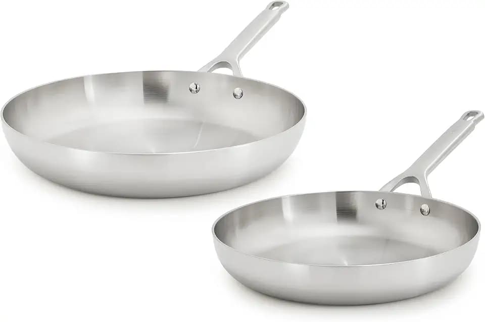 GreenPan x Bobby Flay Stainless Steel 10” & 12” Frying Pan Skillet Set, Induction Compatible, Durable, Dishwasher Safe, Oven & Broiler Safe 400°F, Tri Ply Clad Pans, Heat Responsive Core, 2-Piece Set