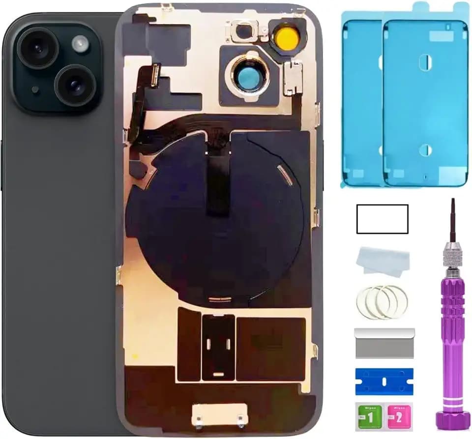 15 Back Glass Replacement with Plate & Flex Cable and All Parts for iPhone 15 Back Cover Glass (Black, 6.1 Inches) + Waterproof Tape + Repair Tools (Black)