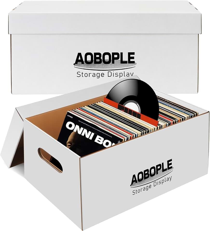 AOBOPLE 2 Pack Vinyl 45 Record Box,Cardboard 7 inch Vinyl Record Storage Boxes with Lid and Handle,Holds up to 75 7" Records Each,7.48 x 7.87 x 15.83 Inches (2 Pack)