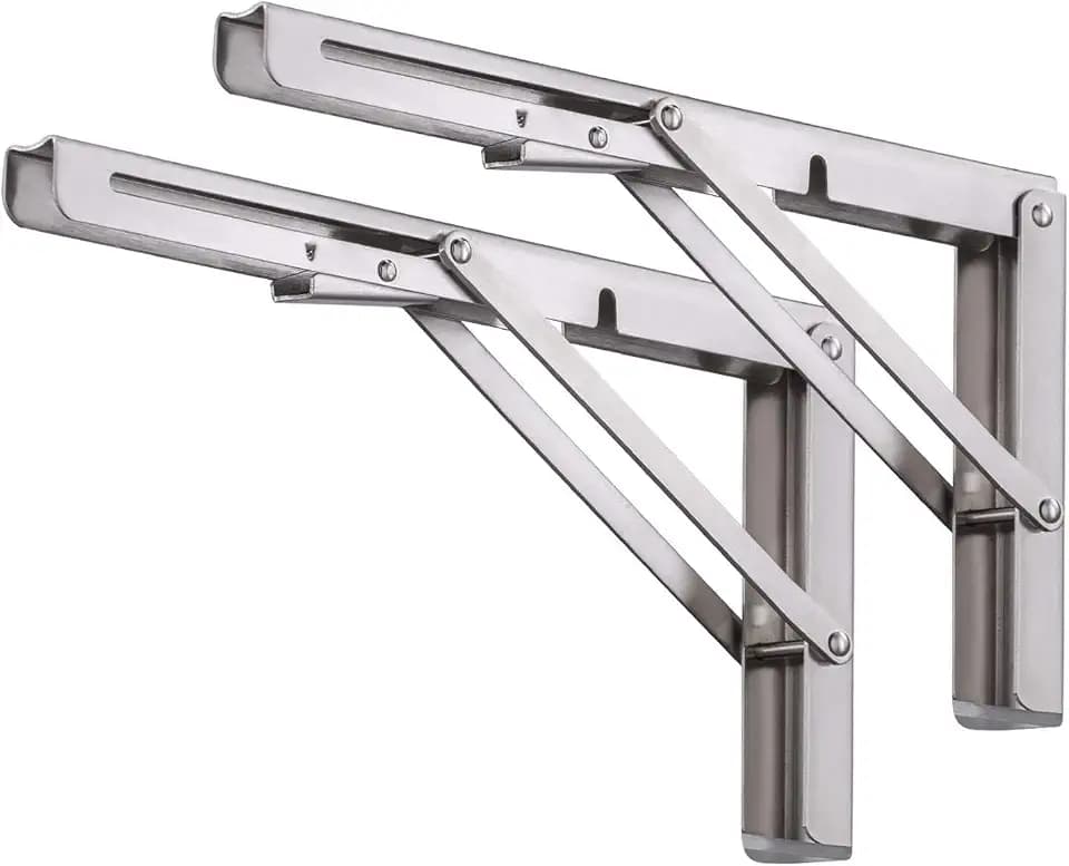 Folding Shelf Brackets 16 Inch, Pynsseu Heavy Duty Stainless Steel Collapsible Wall Mounted Shelf Bracket for DIY Table Work Bench, Space Saving DIY Wall Bracket, 2 Pack