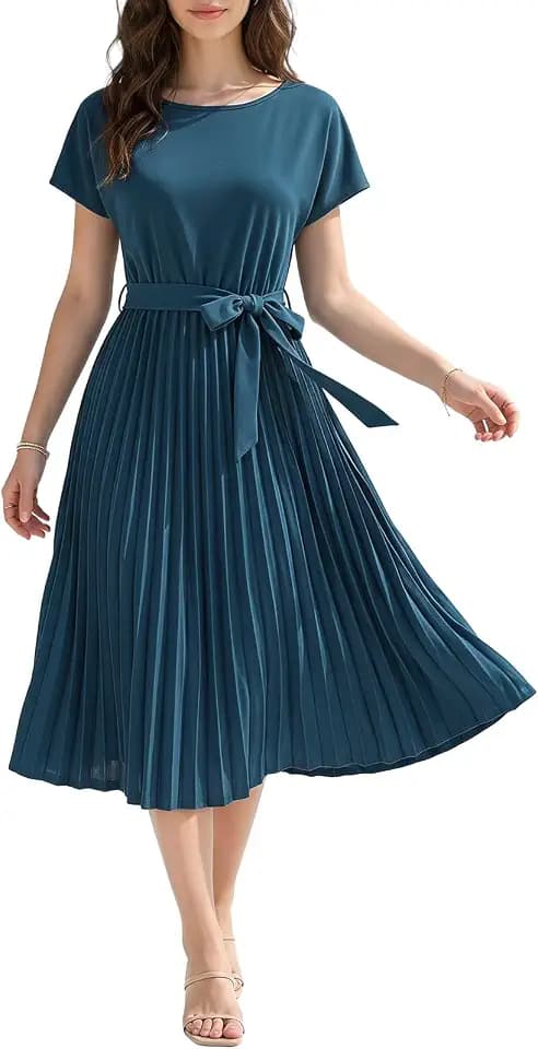 SUNSTORY Women's Burgundy Midi Dress: 2026 Short Sleeve Tie Waist Pleated Flowy Summer Dress with Belt