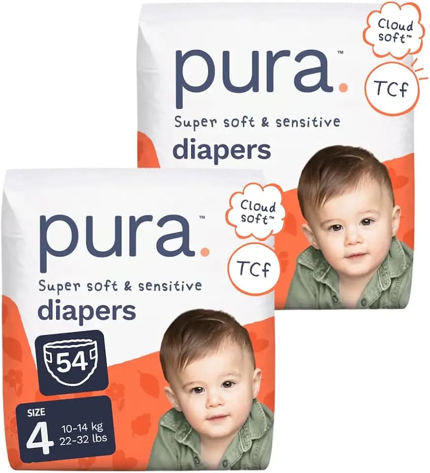 Pura Baby Diapers Size 4 (22-32 lbs) 54 Count Sensitive Skin