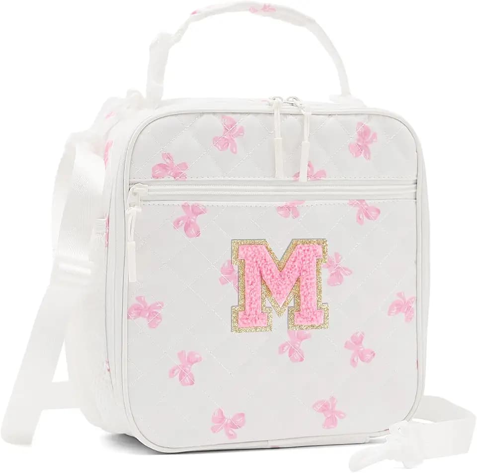 Quilted Initial Lunch Box for Girls, Personalized Kids Insulated Lunch Bag