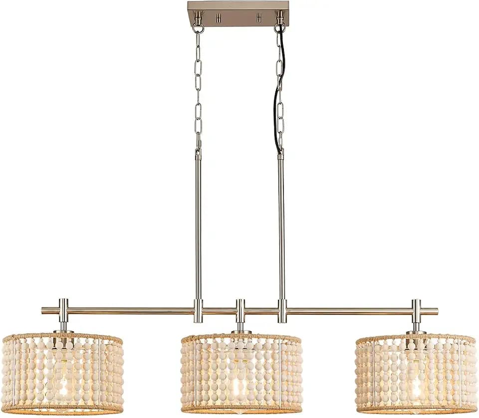 Boho 3-Light Wood Beaded Linear Pendant Light Fixtures Brushed Nickel