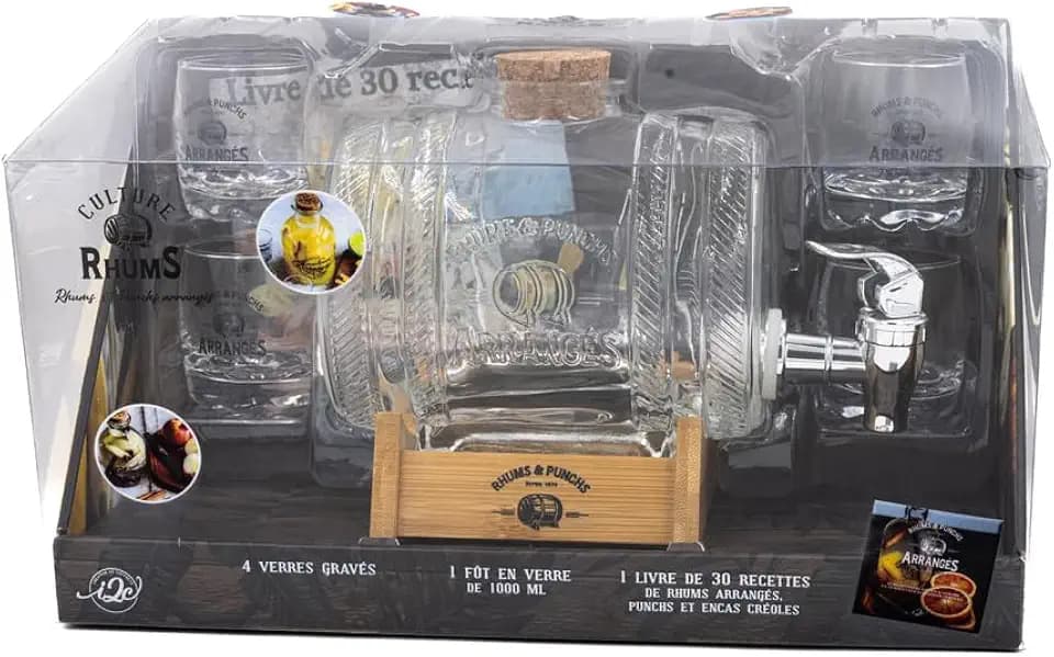 Coffret Culture Rhums: Avec 1 tonneau en verre de 1 litre, 4 verres gravés, 1 livre de recettes