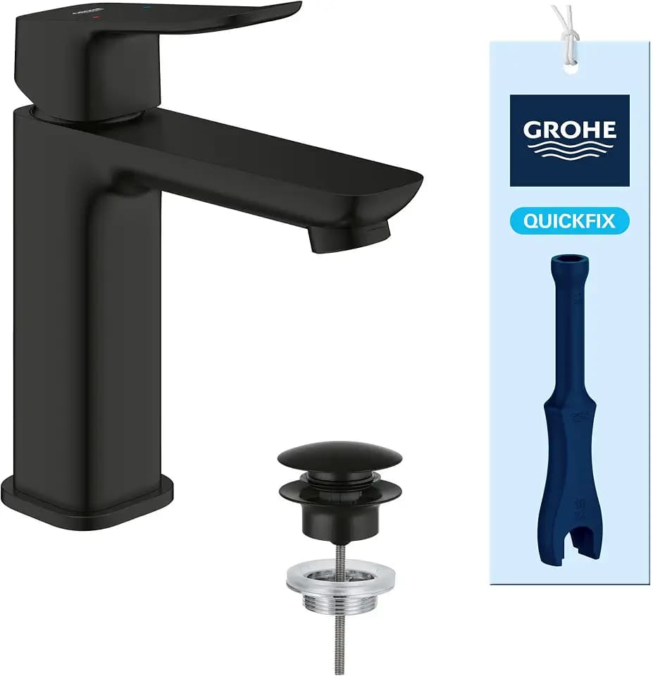 GROHE Dice, Waschtischarmatur, wassersparend (Wasserhahn für das Bad, Badarmatur mit Push-Open Ablauf, 17cm hoch, mit 3in1 Werkzeug, einfache Installation am Waschbecken), mattschwarz, 1018332430