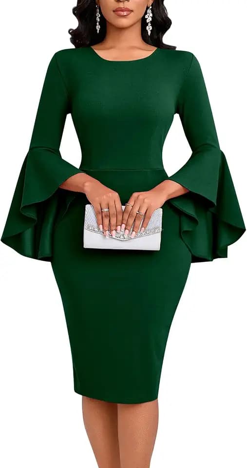 Church Dress for Women Elegant Bodycon Ruffle Bell Sleeves Knee Length Cocktail Party Wedding Work Vintage Pencil Dresses