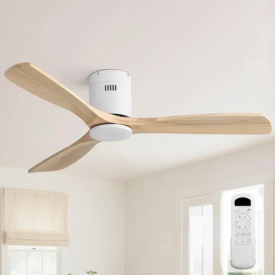 Sofucor 52 Inch Flush Mount Wood Ceiling Fan No Light, Remote Control