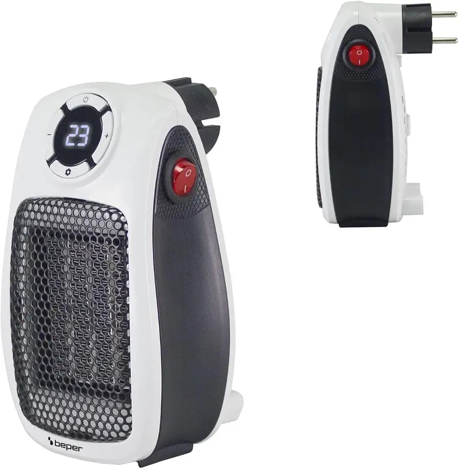 BEPER P203TER350 Mini-Keramik-Heizlüfter, platzsparender Mini-Elektroheizer 500 W, LED-Display, 24-Stunden-Timer, Thermostat, 90° drehbarer Stecker, sichere automatische Abschaltung
