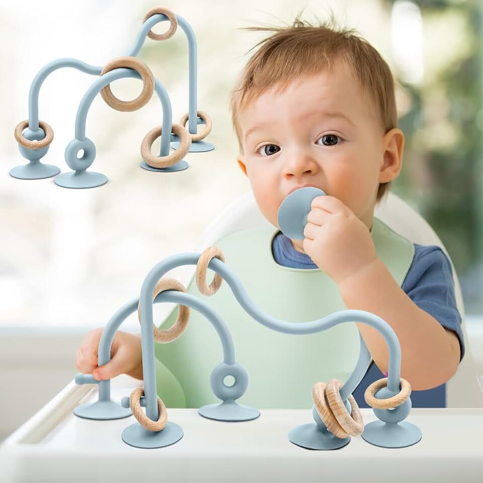 AiTuiTui Baby Hochstuhl Saugnapf Spielzeug, Sensorik Lernspielzeug mit Relief-Texturen für Kleinkinder, BPA-freies Silikon Holz Spielzeug ab 6 7 8 9 12 Monaten, Geschenk für Jungen und Mädchen (Blau)
