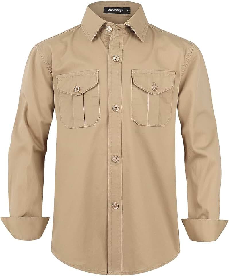 Spring&Gege Jungen Langarm Button Down Hemden Baumwolle gewebt Zwei Taschen Shirts für Kinder