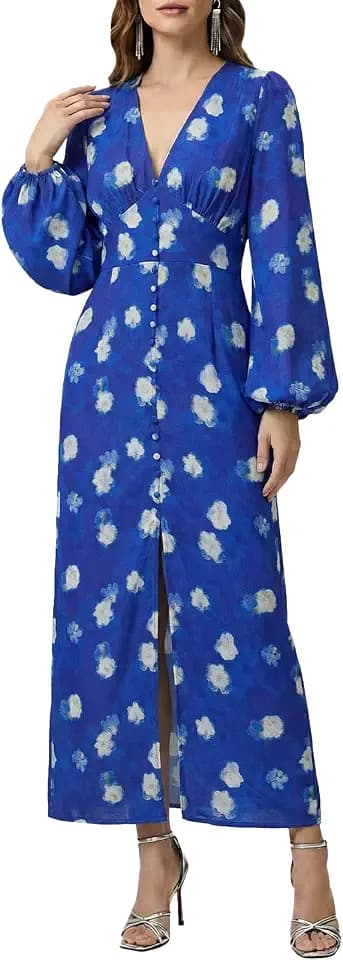 Cicy Bell Damen Tiefer V-Ausschnitt Cocktailkleid Blumenmuster Maxikleid Langarm Kleid Taillert Freizeitkleid mit Decorativ Knöpfe