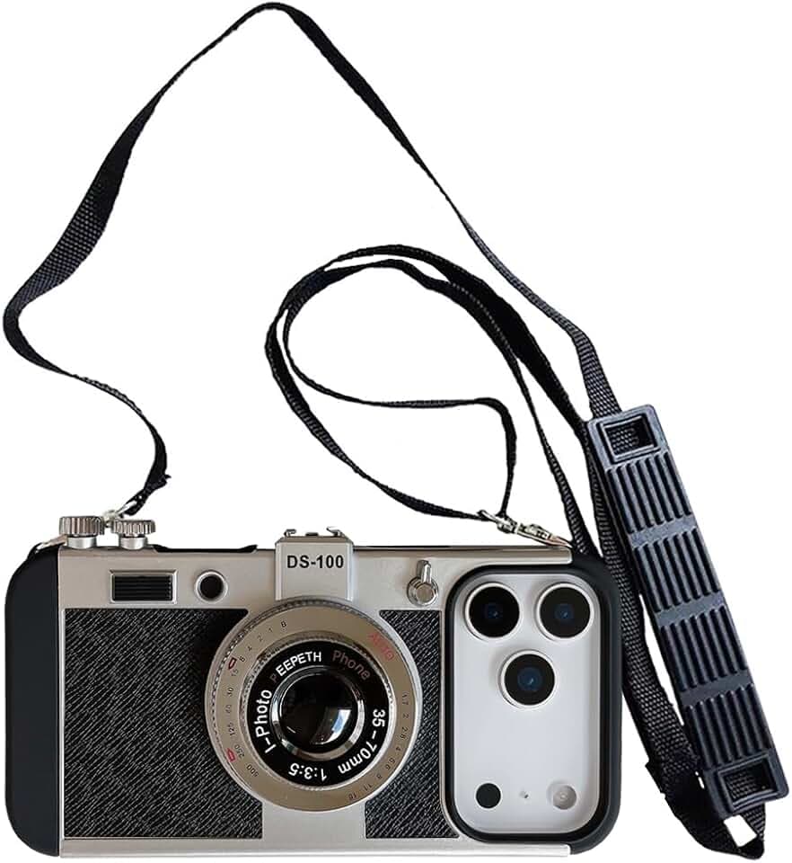 Yatchen Emily in Paris Phone Case Compatible with iPhone 18 Pro/17 Pro, Cute 3D Vintage Camera with Lanyard Adjustable Shoulder Strap Girls Women Unique Cool Silicone PC Cover Black