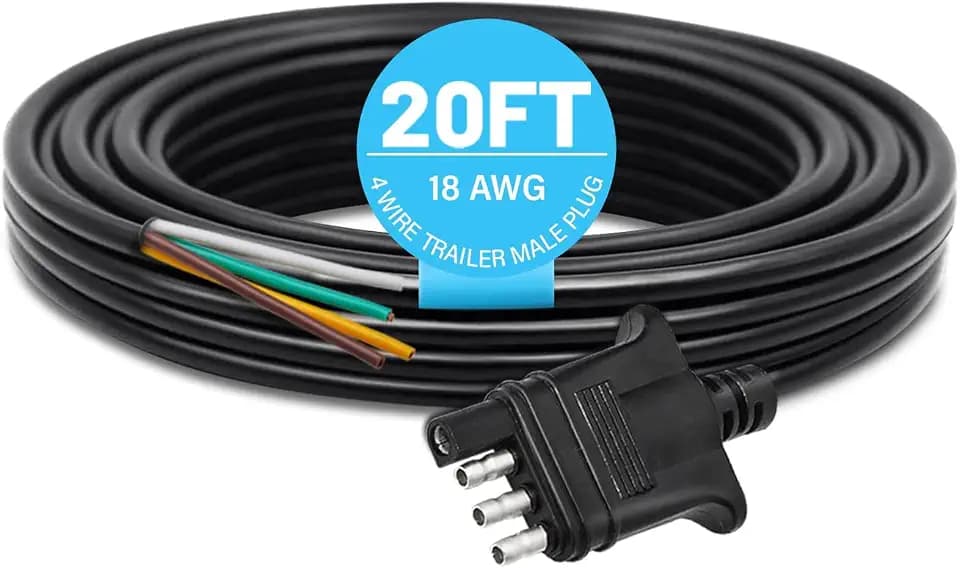 MECMO 4 Way Trailer End Connector Wire 20 Feet with Jacketed Cable, Heavy Duty 18AWG Color-Coded Pure Copper Trailer-Side Male Pin Flat Hitch Wiring Harness Utility Boat Light MEU2233-20FT