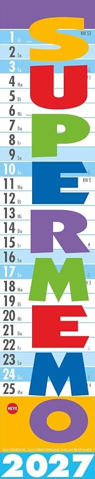 Supermemo Kalender 2027: Streifenkalender fürs Büro. Langer Wandkalender mit einer Spalte zum Eintragen. Büro-Kalender 2027. Kalender vertikal zum Aufhängen. 17 x 85 cm