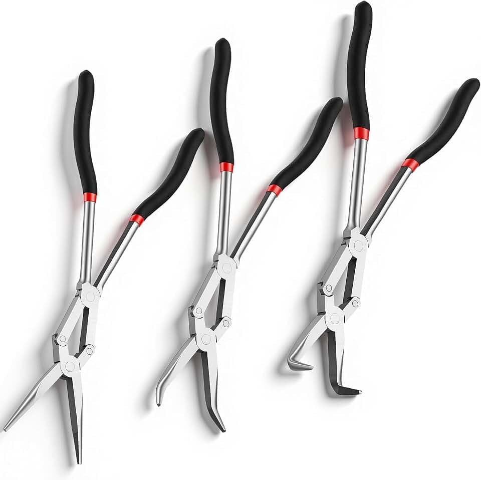 3 Pack 13 Inch Long Reach Needle Nose Pliers Set, Double Rivet with Straight 45° 90° Bent Tips for Automotive Hose Removal, Engine Repair and Tight Spaces