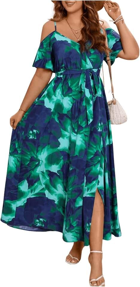 Floerns Women's Plus Size Cold Shoulder Short Sleeve Split Thigh Long Dress