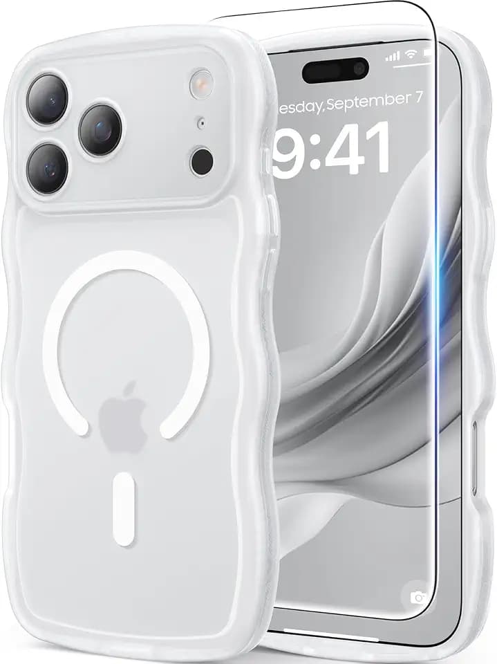 Magnetic for iPhone 17 Pro Max Case, Cute Wavy [Full Camera Protection][Fit for MagSafe] 1X Screen Protector + 1X Wrist Strap, Trendy Matte Women Girly Case for iPhone 17 Pro Max 6.9", Frosted White