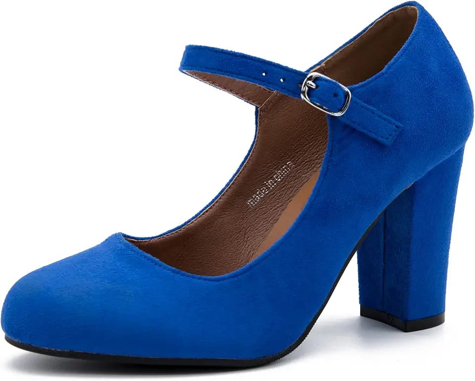 MAIERNISI JESSI Women's Mary Jane Pumps, Closed Round Toe, Block Heel with Ankle Strap Buckle, 3.54 Inch High Heel