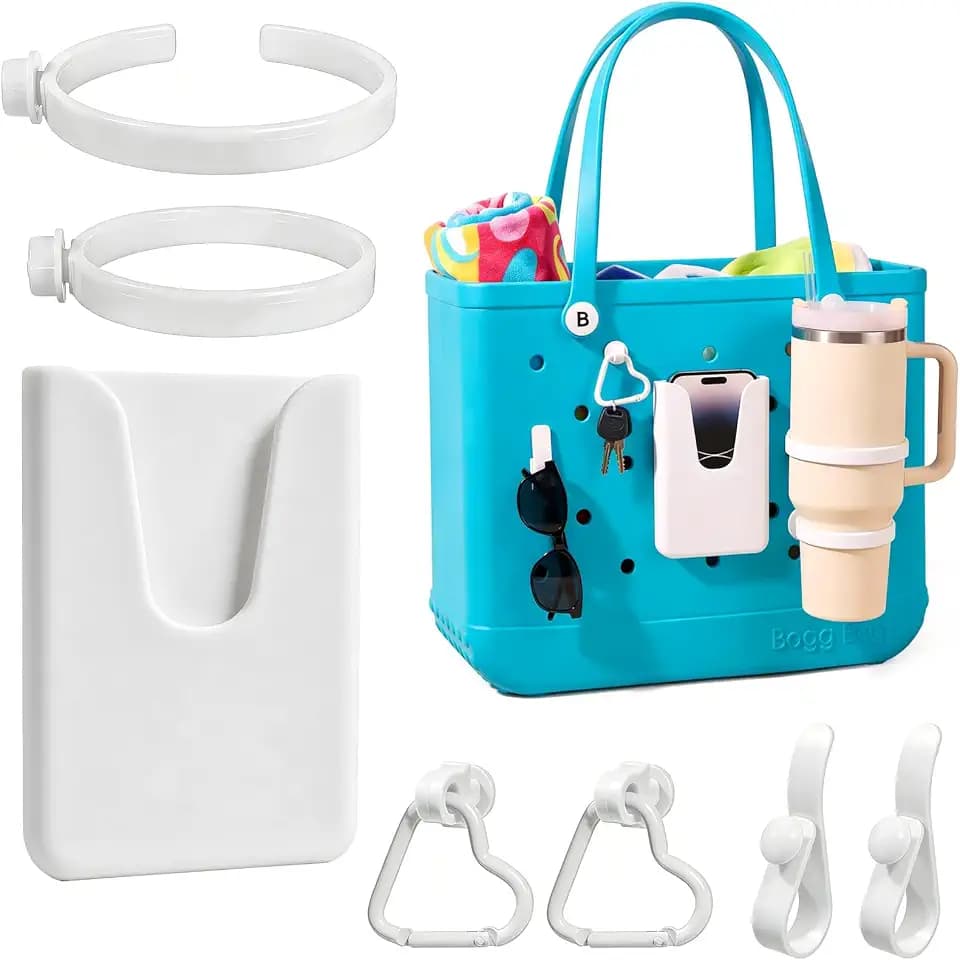 LETGO 2 Pack Cup Holder for Bogg Bag, Fits 16-40oz Stanley, Silicone Phone Holder & Hooks Set Accessories Compatible with All Bogg Bags for Simple Modern Beach Tote Bag (White)