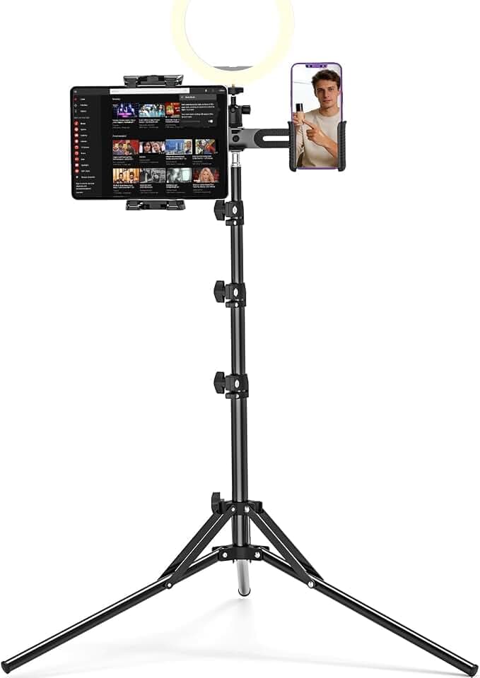 3-in-1 Tablet Halterung Stativ, 63" Höhenverstellbarer iPad Bodenständer mit 2 Halterungen, 360° Drehbare iPad Stativhalterung für Kamera, Mikrofon, Ringlicht, 4,7-12,9" Tablets und Handys