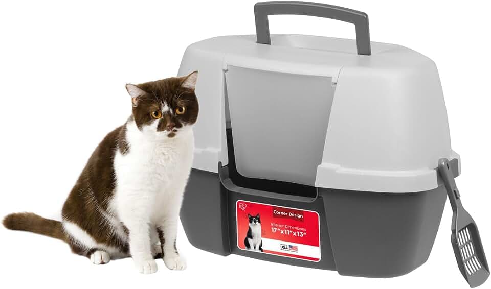 IRIS USA Large Corner Cat Litter Box, Space Saver, Dark Gray