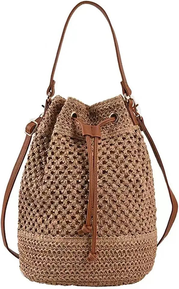 Women Straw Drawstring Bucket Purse Small Tote Shoulder Handbag Hollow Out Cross-body Bag for Summer,Beach