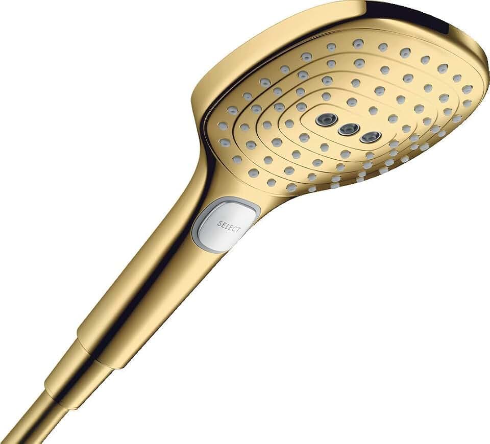 hansgrohe Raindance Select E - wassersparender Duschkopf 6 l/min (EcoSmart+), Handbrause mit3 Strahlarten, eckige Duschbrause, Sparduschkopf mit Antikalk-Funktion, Polished Gold Optic, 28729990